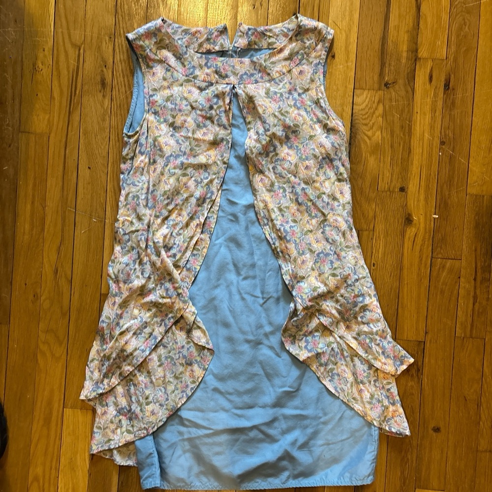 Handmade Floral Sleeveless Dress with Blue Underlay